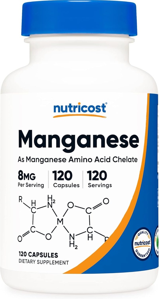 Supplément de manganèse chélaté Nutricost 8mg, chélate d'acide amino, 120 capsules, 120 portions - sans gluten, non-OGM et végétarien
