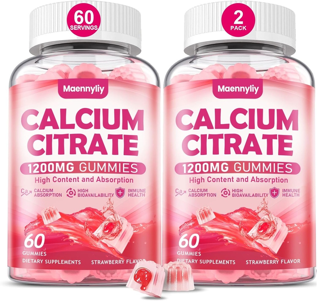 Citrate de calcium Gummies 1200 mg pour les adultes: Absorption Ultime Supplément de calcium pour les femmes et les hommes - Facile à digérer, végétalien, non-OGM, sans gluten - Fraise naturelle