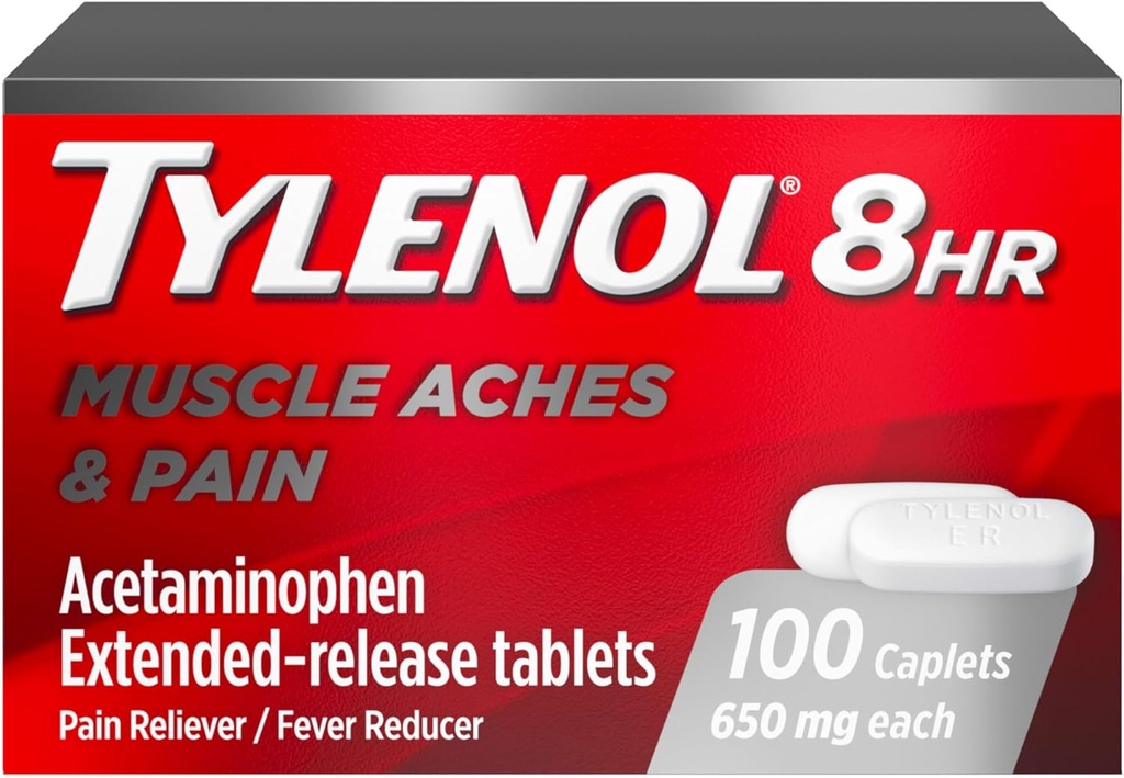 Tylenol 8 heures Acétaminophène 650 mg Caplets à libération prolongée, conception bi-layer à action rapide, soulagement rapide et long de la douleur pour les douleurs musculaires, articulaires, du dos et de l'arthrite, réducteur de fièvre, 100 Compte