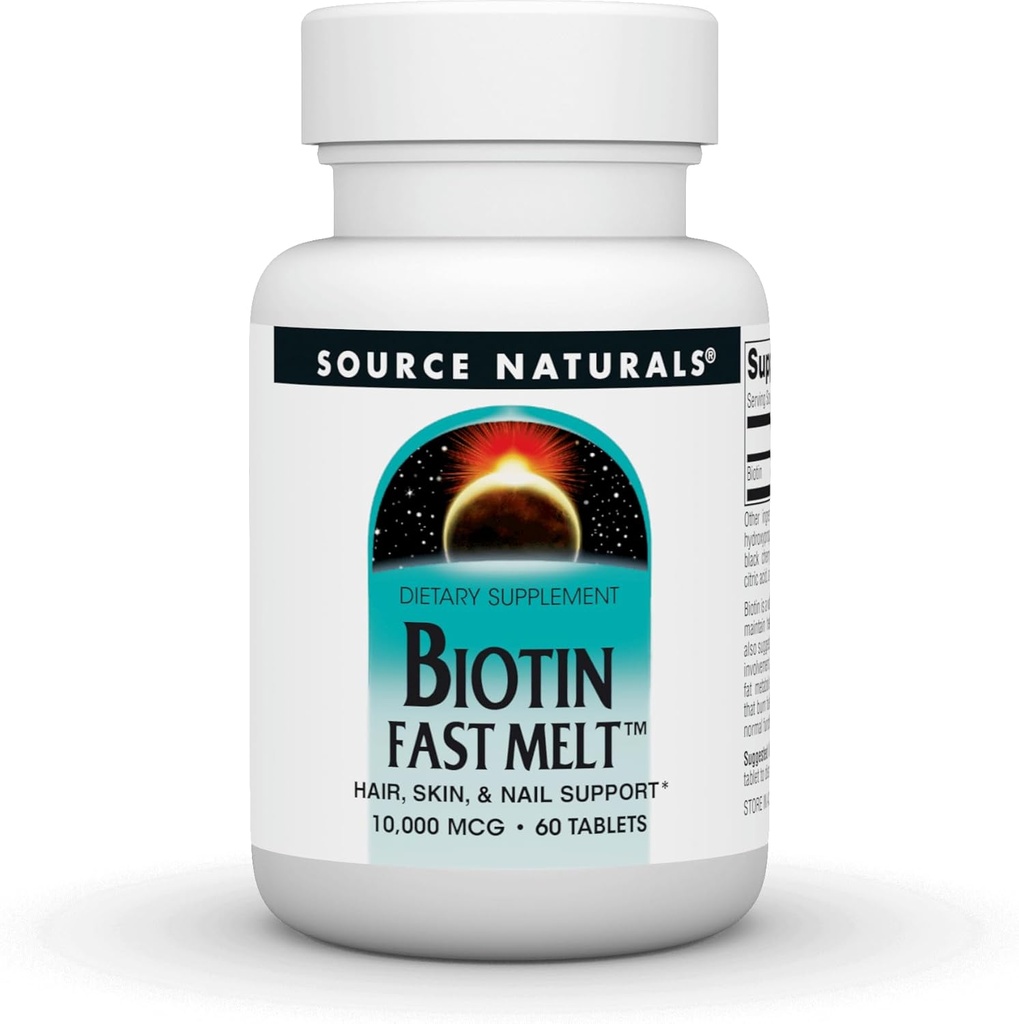 Source Naturals Biotin Melt rapide, peau de cheveux et soutien des ongles*, 10 000 mg - 60 comprimés de fonte rapide