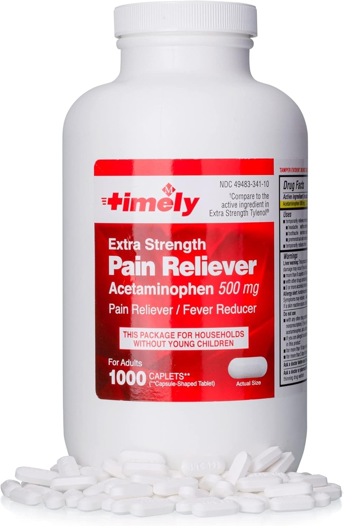 Acétaminophène en temps opportun 500 MG Comprimés 1000 Compte - Extra Strength Pain Relief - Comparé à l'ingrédient actif dans Extra Strength Tylenol - Crampes menstruelles, Réducteur de fièvre, Douleur mineure de l'arthrite