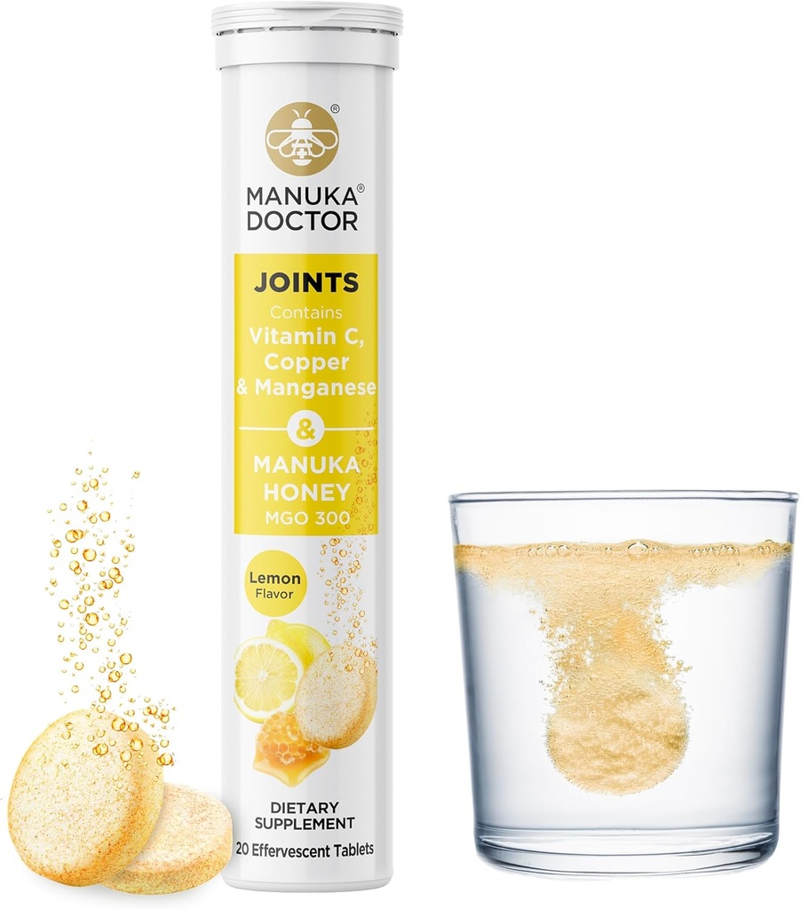 Manuka Doctor Joints* Supplément quotidien de soutien conjoint avec Manuka Honey, Vitamine C, Cuivre et Manganèse pour promouvoir la santé conjointe, Lemon Flavor, 20 comprimés effervescents