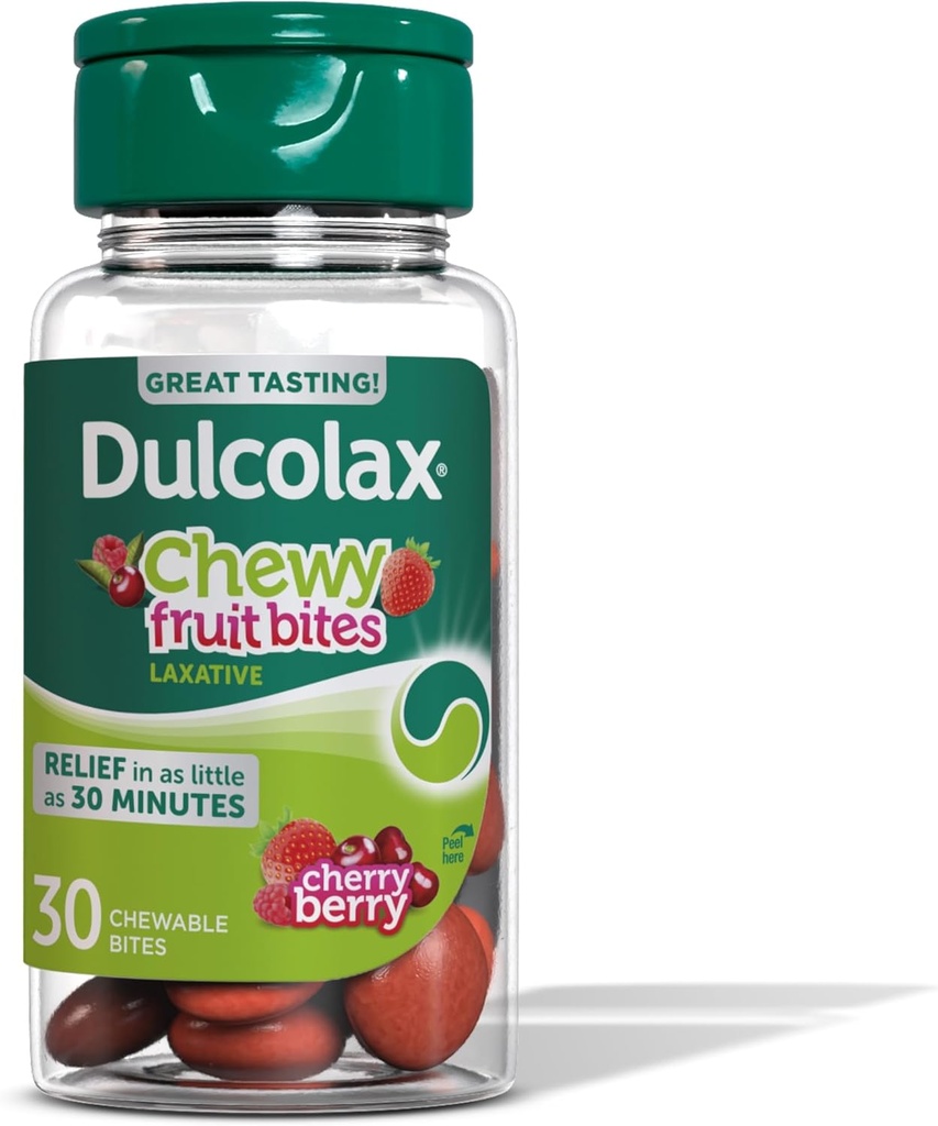 Dulcolax Saline Laxative Chewy Fruit Bites, Laxatif à action rapide et soulagement de la constipation douce, Saveur de cerises, hydroxyde de magnésium 600 mg, 30 Nombre