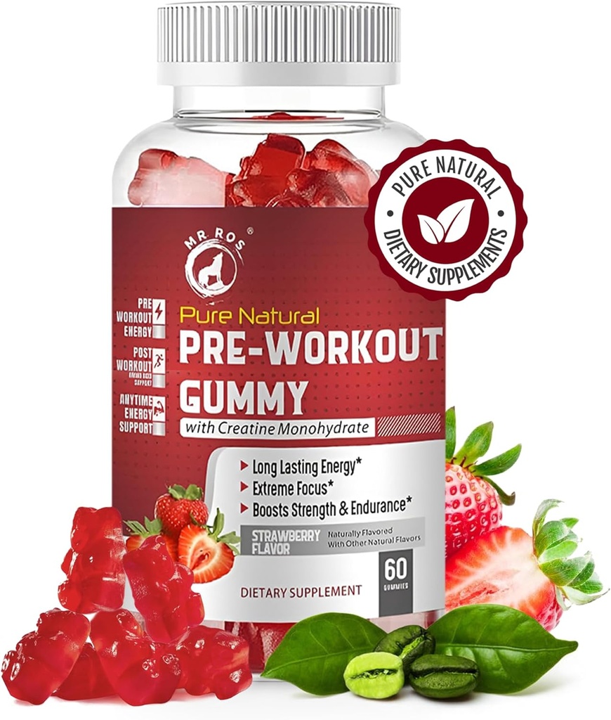 Gommies pré-entraînement naturelles pures avec extrait de fèves de café monohydratées et vertes créatine - énergie, focus, boost d'endurance, goût de fraise, 60 gommies