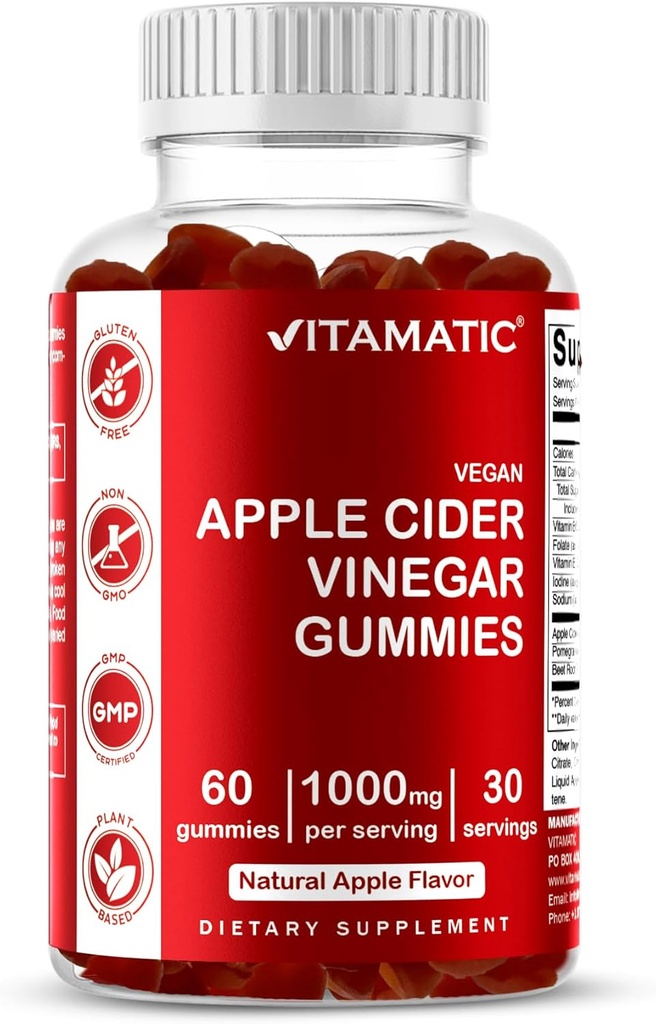 Gommies de vinaigre de cidre de pomme Vitamatique - 1000mg par portion - 60 Gommies végétaliens - Gommies de vinaigre de cidre de pomme pour la désintoxication, le soutien à la perte de poids, l'énergie boost, la digestion et la santé Gut