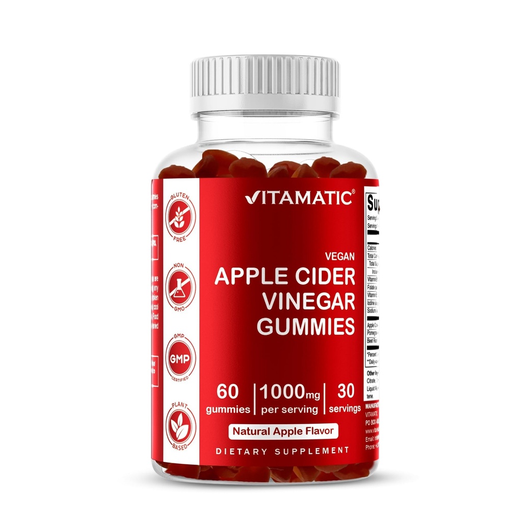 Gommies de vinaigre de cidre de pomme Vitamatique - 1000mg par portion - 60 Gommies végétaliens - Gommies de vinaigre de cidre de pomme pour la désintoxication, le soutien à la perte de poids, l'énergie boost, la digestion et la santé Gut