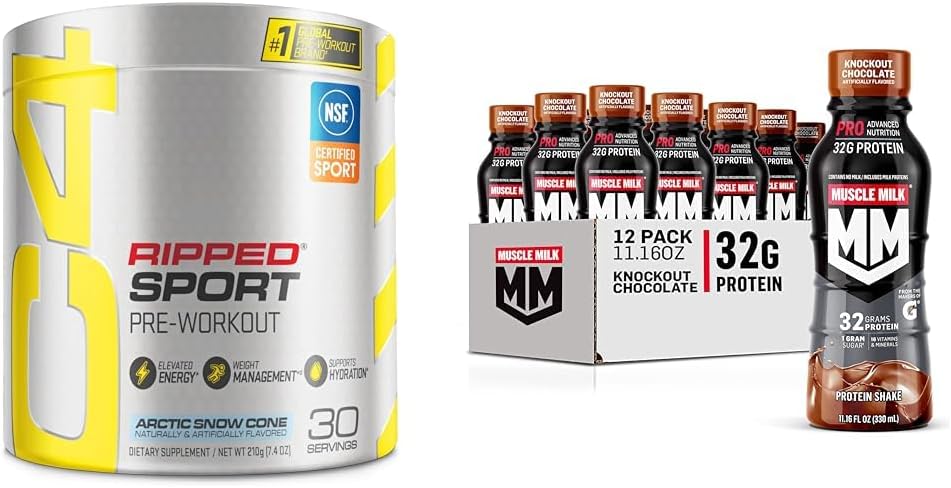 C4 Ripped Sport Pre Workout Poudre Arctic Neige Cone & Muscle Lait Pro Nutrition avancée Secouer les protéines, Knockout Chocolat, 11.16 Fl Oz (paquet de 12)