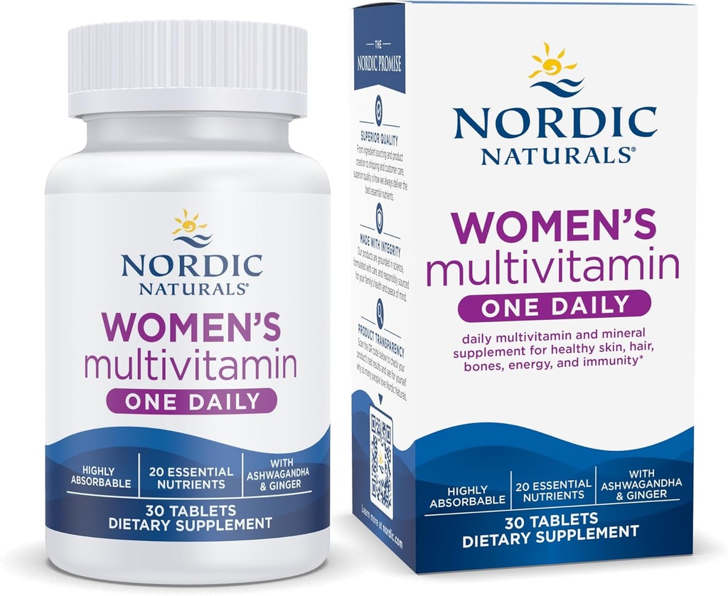 Nordic Naturals Femmes Multivitamin One Daily - Skin, Hair, Energy, & Bone Support - Supplément Immunity - 20 nutriments essentiels - 30 comprimés - 30 portions