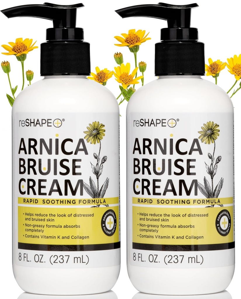 Crème thématique Reshape+ Arnica Bruise Relief pour les ecchymoses, gonflements et décolorations sur la peau, soins naturels de la peau Lotion homéopathique Arnica W/Vitamine K, Châtaigne de cheval, et collagène, 8 Fl Oz (2-Pack)