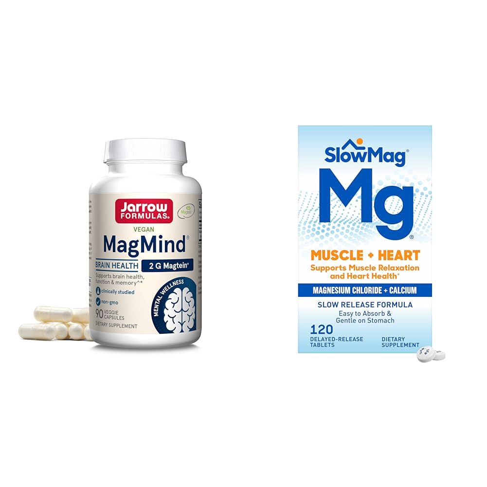 Formules de Jarrow MagMind Cerveau Santé avec Magtéine (Magnésium L-Thréonate) et SlowMag Muscle + Chlorure de Magnésium du cœur avec supplément de calcium