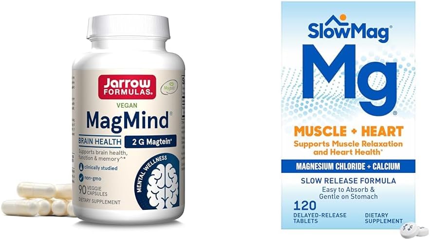 Formules de Jarrow MagMind Cerveau Santé avec Magtéine (Magnésium L-Thréonate) et SlowMag Muscle + Chlorure de Magnésium du cœur avec supplément de calcium