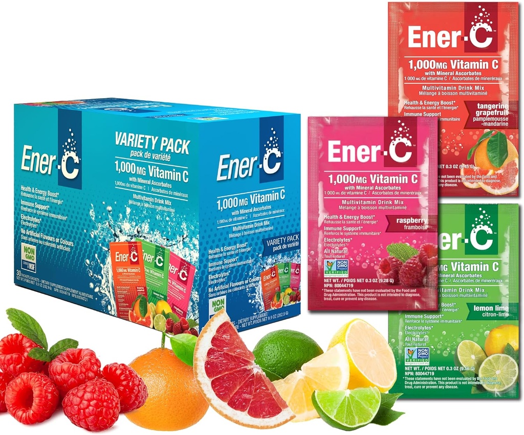 Ener-C variété Pack Multivitamine boisson mélange en poudre vitamine C 1000mg et électrolytes avec jus de fruits réel énergie naturelle et l'immune soutien pour les femmes et les hommes - non-OGM végétalien et sans gluten - 30 comte