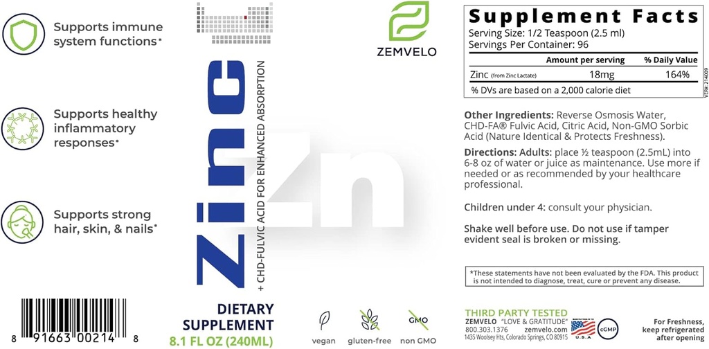 Zinc ionique liquide 3 mois d'approvisionnement d'encouragement de la peau claire de l'énergie soutenue de soutien inflammatoire naturel