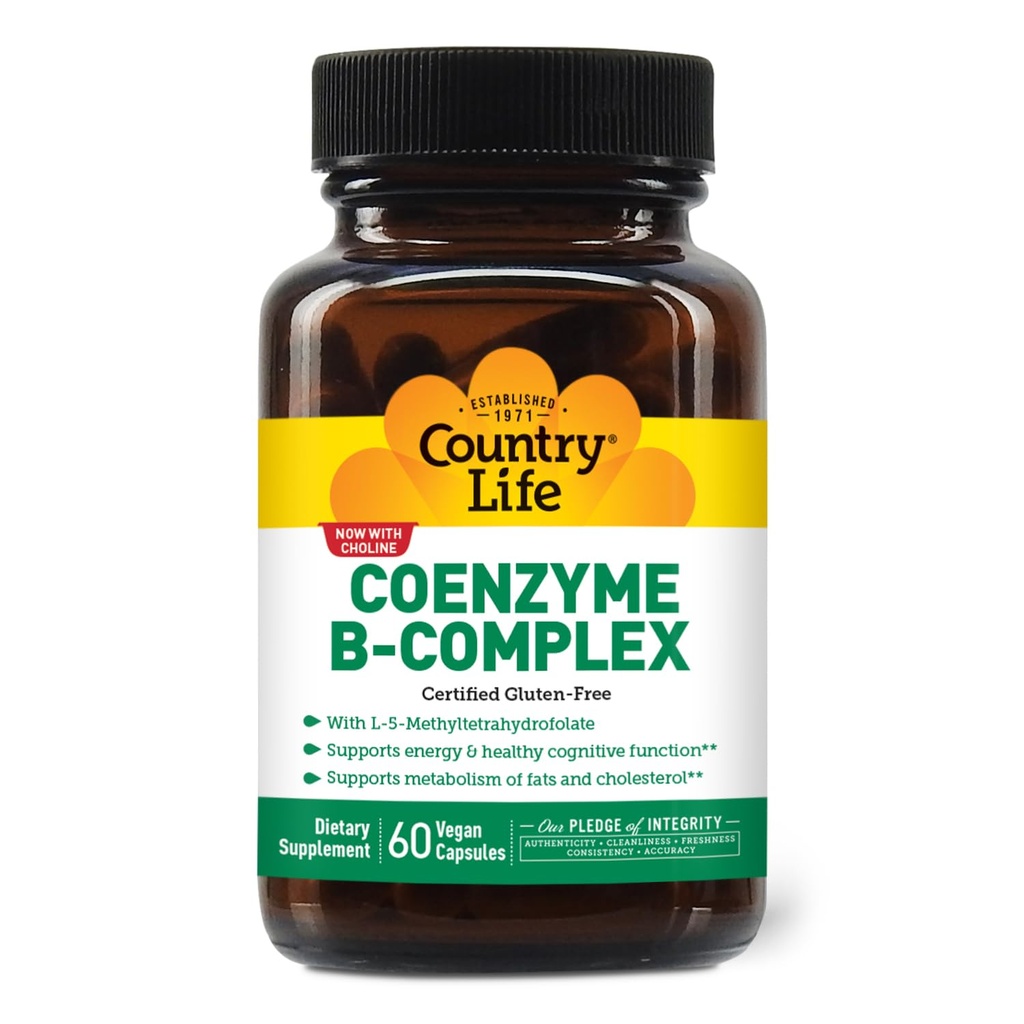 Country Life Coenzyme B-Complex, 60 Capsules – Supporte l'énergie et le métabolisme, l'humeur et la fonction cognitive – Vitamines B véganes, sans gluten, biodisponibles avec Choline