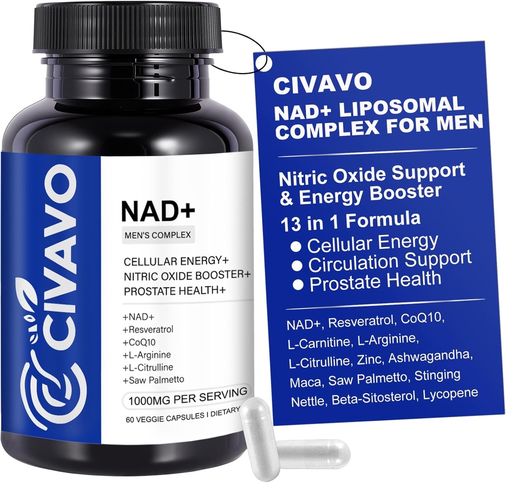 NAD+ Supplément pour les hommes 1000mg, NAD+ avec resvératrol, CoQ10, L-Citrulline et racine de maca – Énergie cellulaire, soutien au vieillissement en santé, antioxydant, prostate d'oxyde nitrique pour les hommes – 60 capsules
