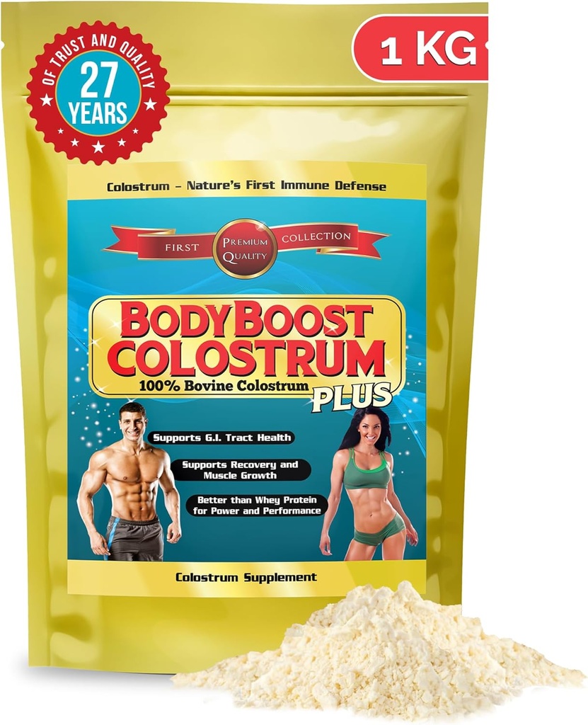 BodyBoost Colostrum entier, 100% Bovin Colostrum poudre, supplément de booster immunitaire avec immunoglobuline et lactoferrine, Grass Fed Colostrum, Gut Health & Muscle Growth, divers apports, 1 kg, 35 oz
