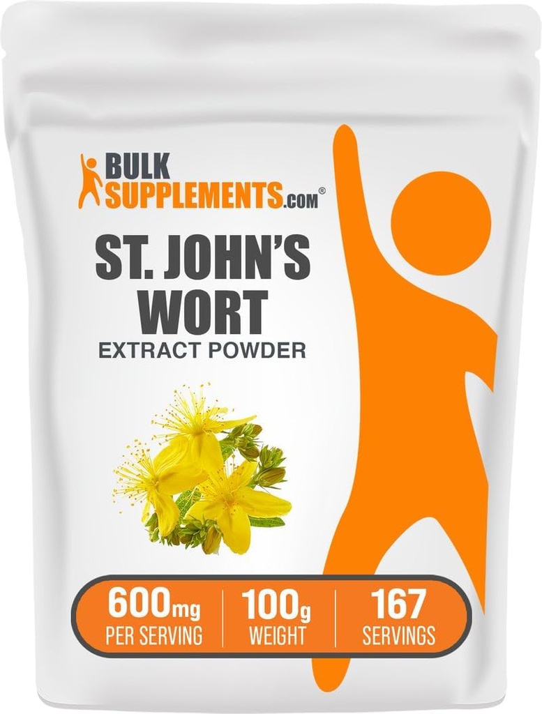 BulkSupplements.com Extrait de millepertuis - Supplément de millepertuis, supplément à base de plantes pour l'humeur - végétalien et sans gluten, 600mg par portion, 100g (3.5 oz) (paquet de 1)