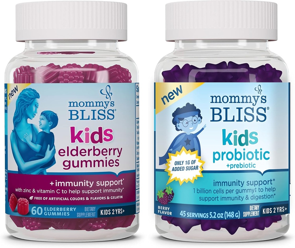 Mommy's Bliss Kids Elderberry Gummies 60 Comte (paquet de 1), et Kids Probiotic + Prebiotic Gummies 45 Comte (paquet de 1), Soutenir l'immunité des enfants et la digestion saine