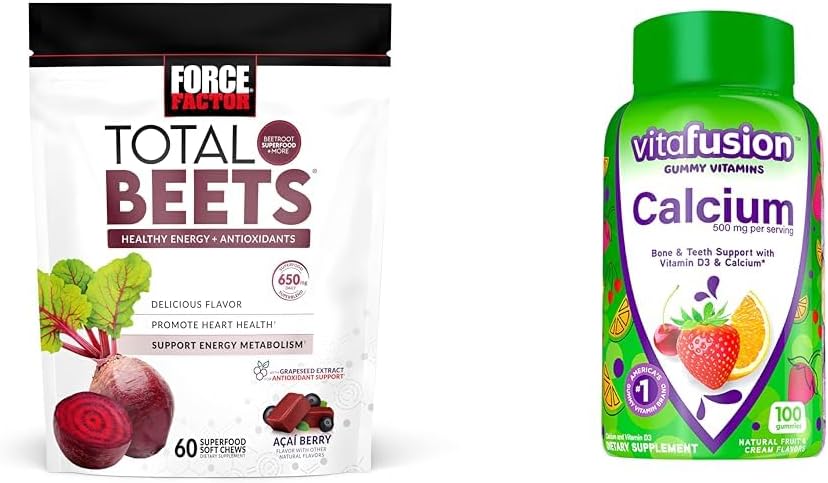 Facteur de force Betteraves totales Chews pour la santé cardiaque avec vitafusion Gummées de calcium pour os et dents Soutien, 60 & 100 Compte