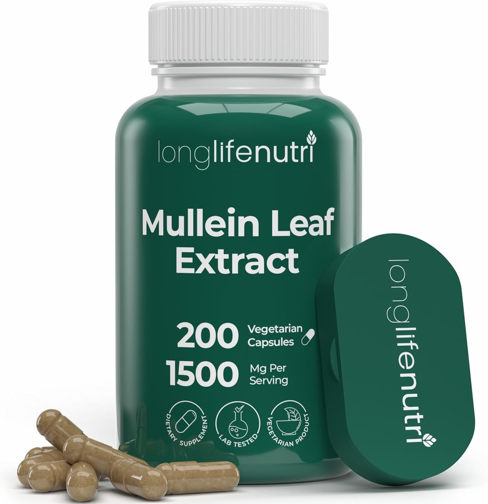 LongLifeNutri Mullein Leaf 1500mg 10:1 Extrait - 200 Capsules végétariennes, en poudre de feuille de Mullein biologique, supplément à base de plantes pour les soins respiratoires, 2 mois d'approvisionnement, non-OGM, GMP certifié, fabriqué aux États-Unis