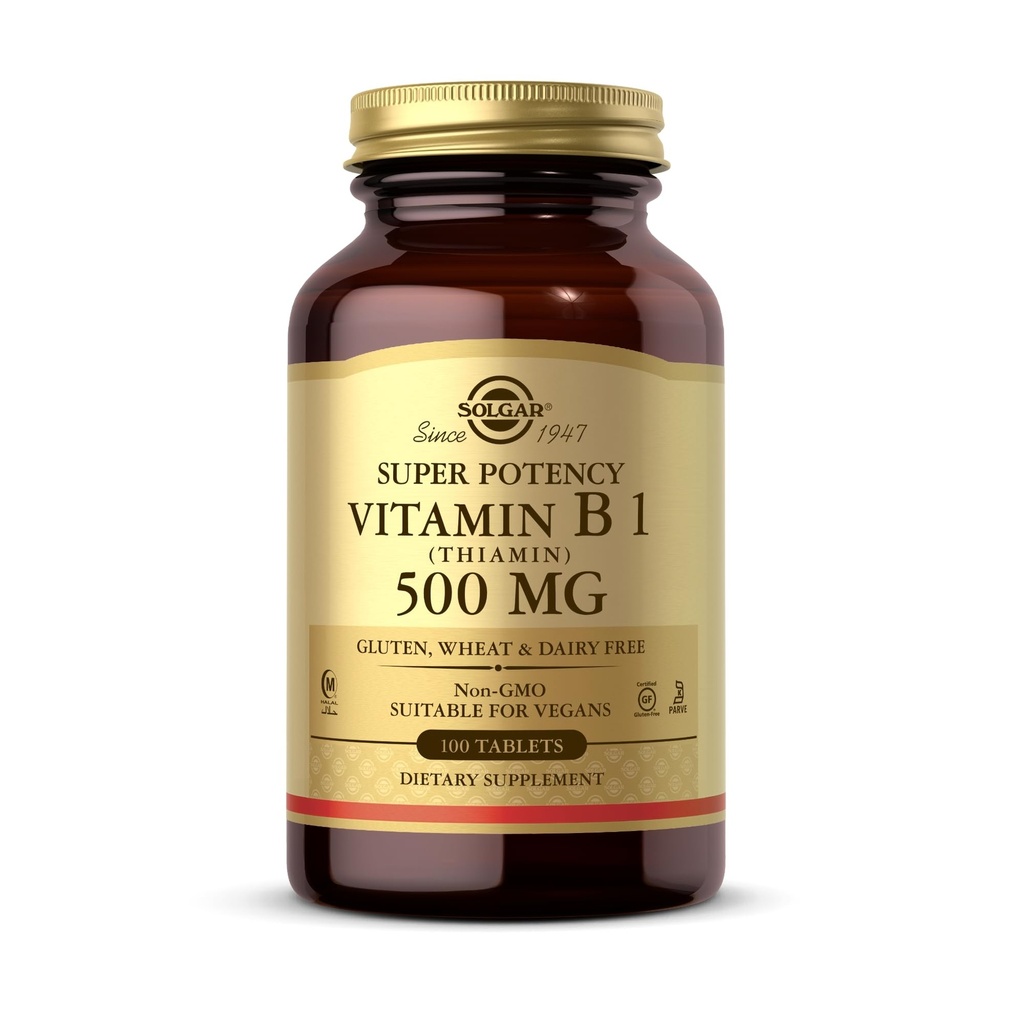 Solgar Vitamine B1 (Thiamine) - 100 comprimés - Super puissance, 500 mg Formule - Non-OGM, végétalien, sans gluten, casher, halal - 100 portions