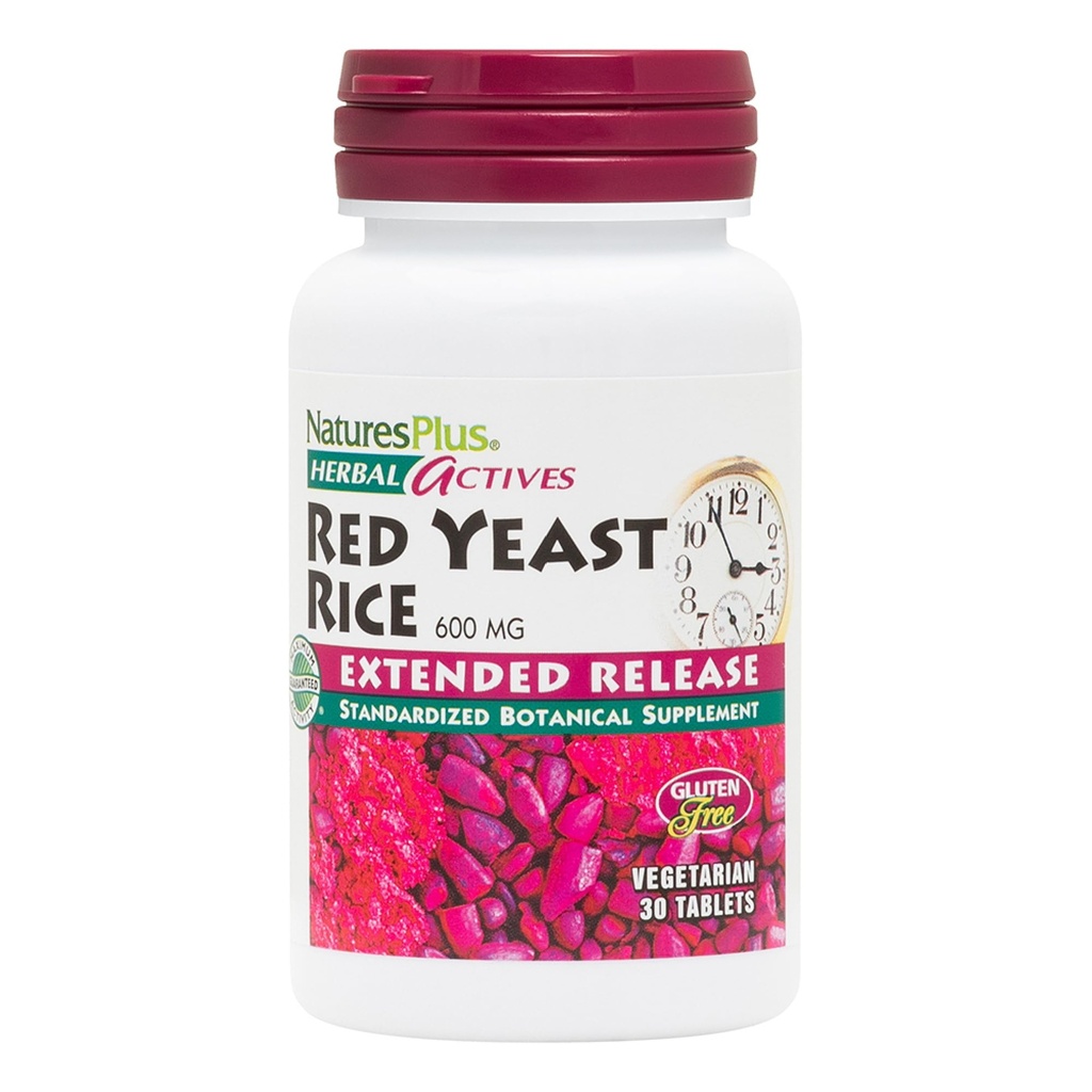 Natures Plus Herbal Actives Riz rouge de levure, libération prolongée - 600mg, 30 comprimés végétaliens - supplément à base de plantes - végétalien, sans gluten - 30 portions