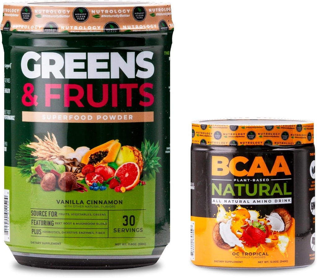 Nutrologie Greens & Fruits Superfood, Vanilla Cinnamon (30 portions) BCAA Poudre de BCAA naturelle à base végétale, saveur de noix de coco orange (30 portions)