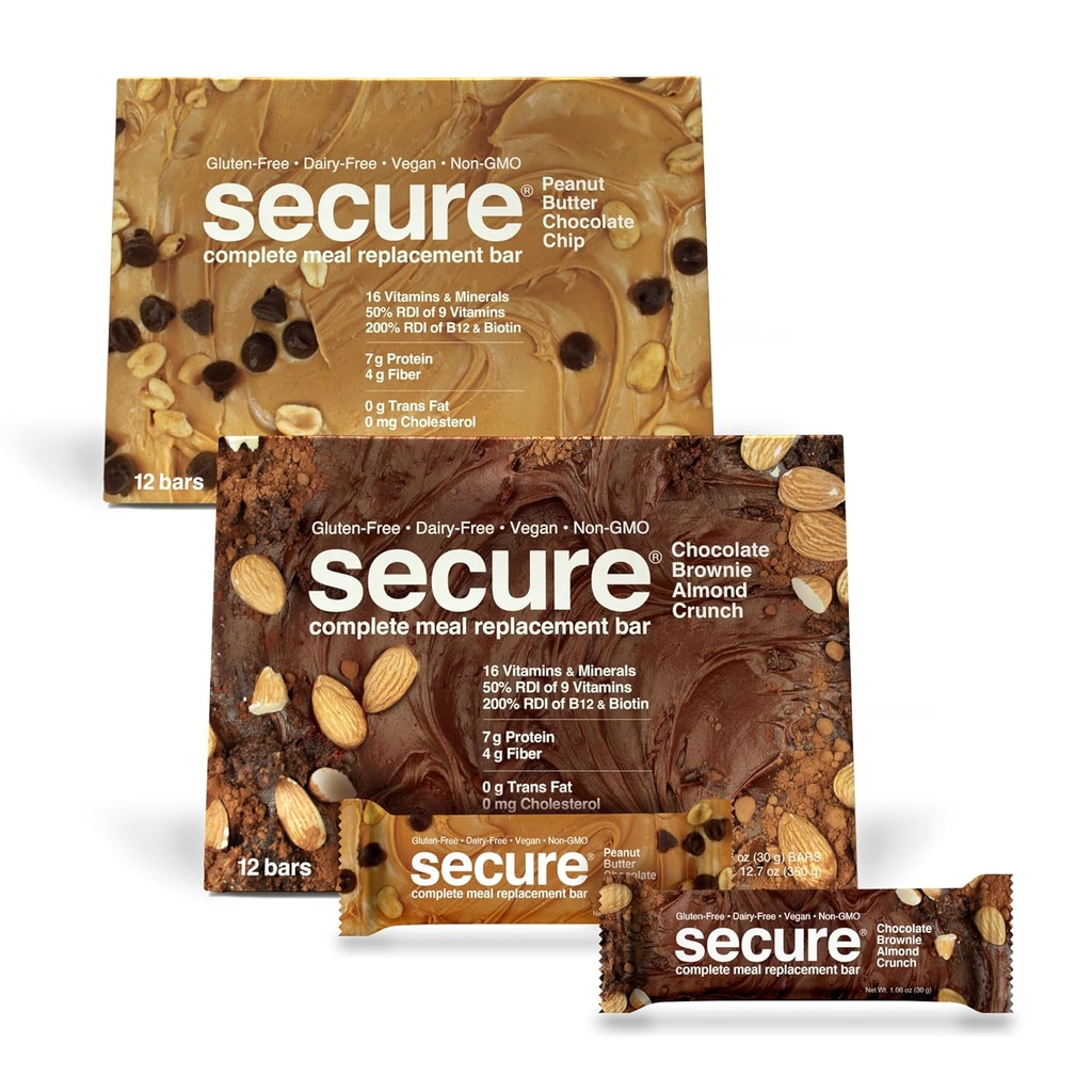 ANDREW MOINSMAN Barres de rechange complètes sécurisées pour repas - Barres de protéines véganes de 7g. Faible teneur en calories, sans gluten et sans lait 24, boîte de variétés : croustilles de chocolat au chocolat au brun et au beurre d'arachide)