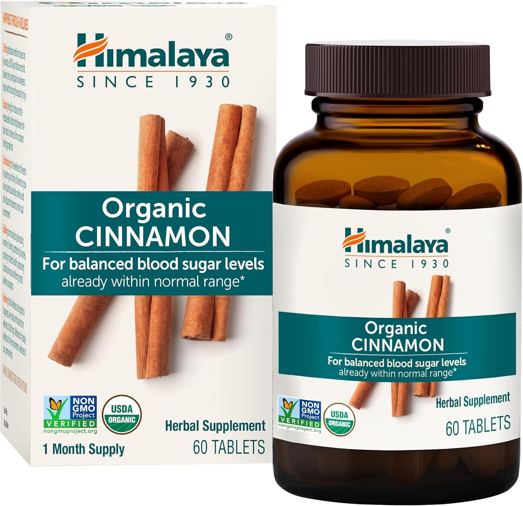 Cinnamon biologique de l'Himalaya, 30 jours d'approvisionnement - Soutien au métabolisme du glucose à base de plantes - USDA Organique, non-OGM, végétalien, sans gluten, 1100 mg, 60 comprimés