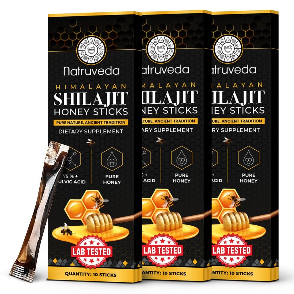 Himalayan Shilajit Honey Sticks for Men & Women - 75%+ Fulvic Acid & Trace Minerals - Raw Honey, Saffron & Himalayan Shilajit Resin - Stamina, Performance & Energy Support - (Pack of 30)