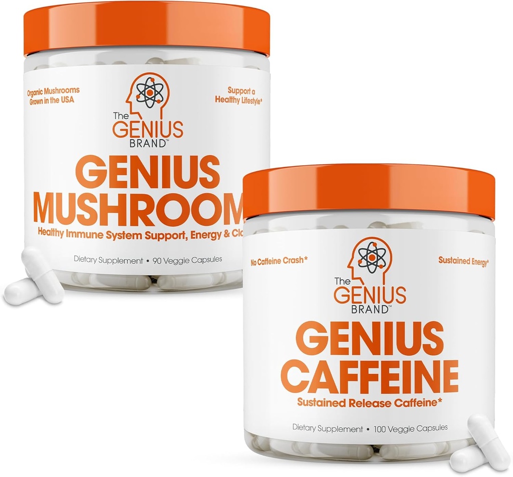 La marque Genius - Genius Mushroom and Caffeine Supplement Bundle - Lion's Mane, Reishi et Cordyceps - Sortie soutenue de la caféine