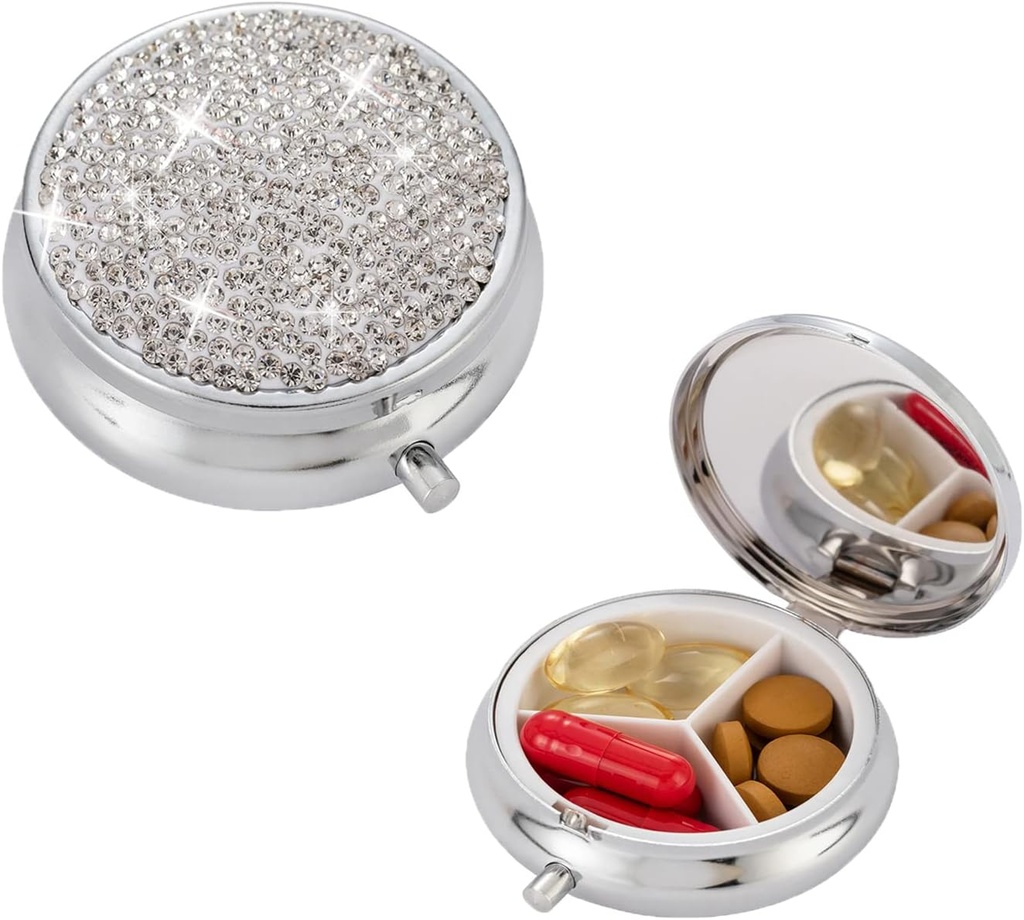 Bling Pill Box, 3 Compartiment Medicine Pill Case Holder, Bling Crystal Strass Waterproof Pocket Pill Case Sound Medicine Organizer for Vitamine/Pish Oils/Supplement. (Argent)