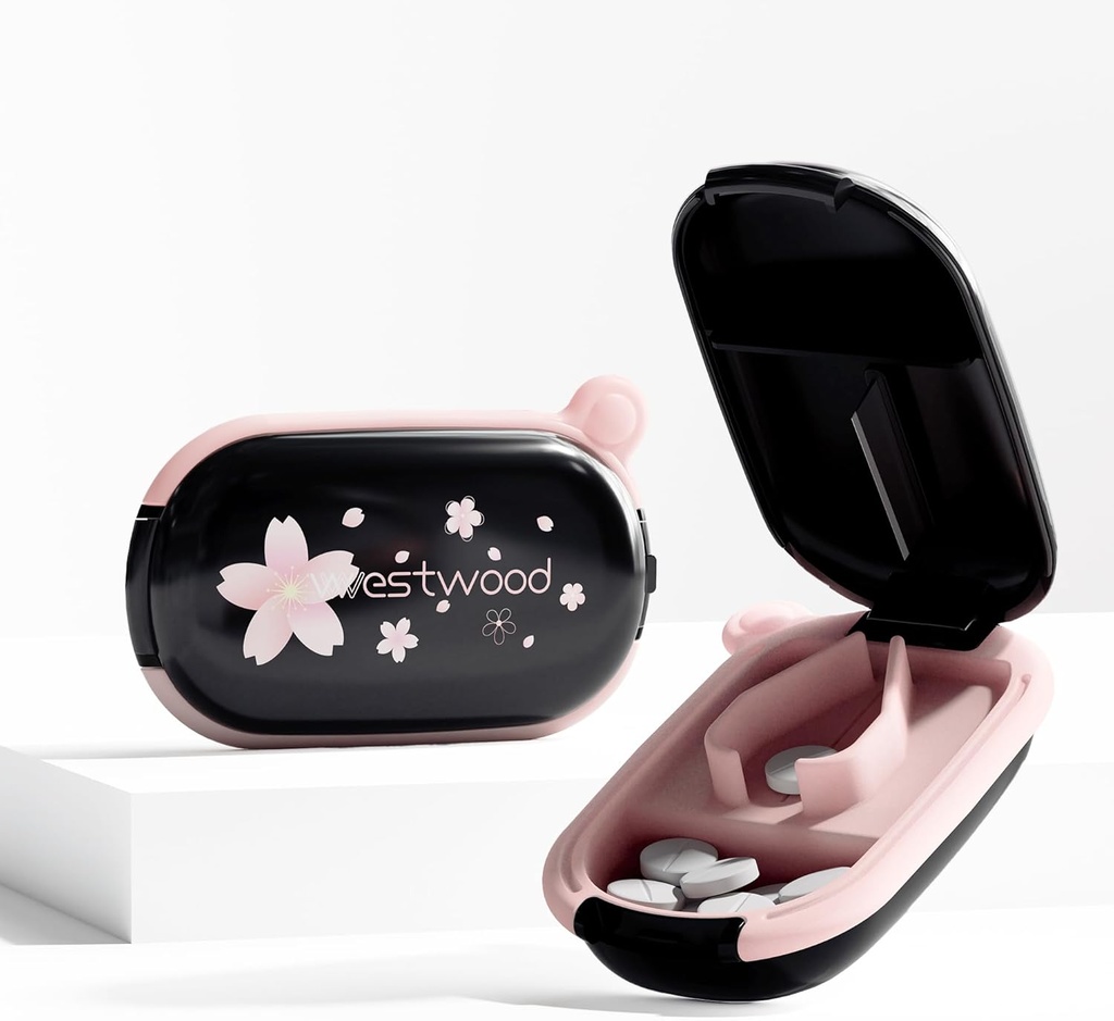 Splitter noir avec dispositif de centrage pour petites et petites pilules, coupe les comprimés de vitamines, broyeur de pilule exquise portable pour la poche de Purse