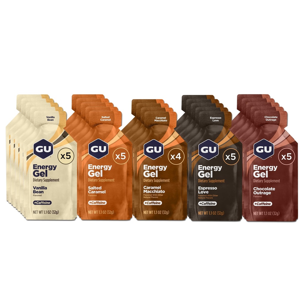 GU Energy Original Sports Nutrition Energy Gel, végétalien, sans gluten, sans casher et sans laiterie énergie sur la route pour toute séance d'entraînement, 24-Count, Assortiment Indulgent Saveurs