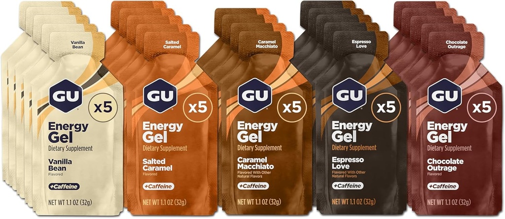 GU Energy Original Sports Nutrition Energy Gel, végétalien, sans gluten, sans casher et sans laiterie énergie sur la route pour toute séance d'entraînement, 24-Count, Assortiment Indulgent Saveurs
