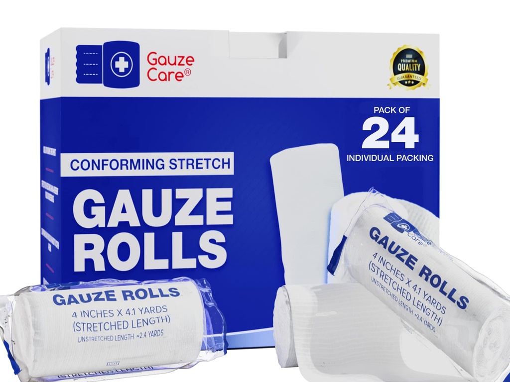 Gaze Rolls Pack de 24 – Lint de qualité supérieure et sans latex 4 pouces x 4,1 Yards Conforming Stretch Bandages Conçus pour un soin et un confort efficaces de la plaie - Idéal pour une utilisation comme enveloppe de maman