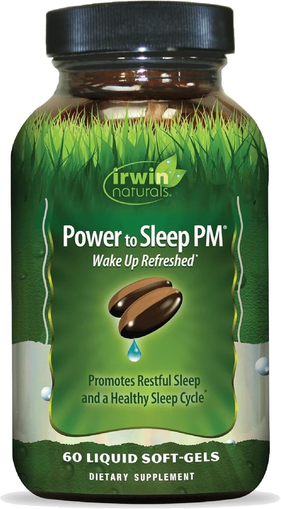 Irwin Naturals Power to Sleep PM - 60 Liquid Soft-Gels - avec Melatonin, GABA, Ashwagandha, Valerian Root & L-Theanine - 30 portions