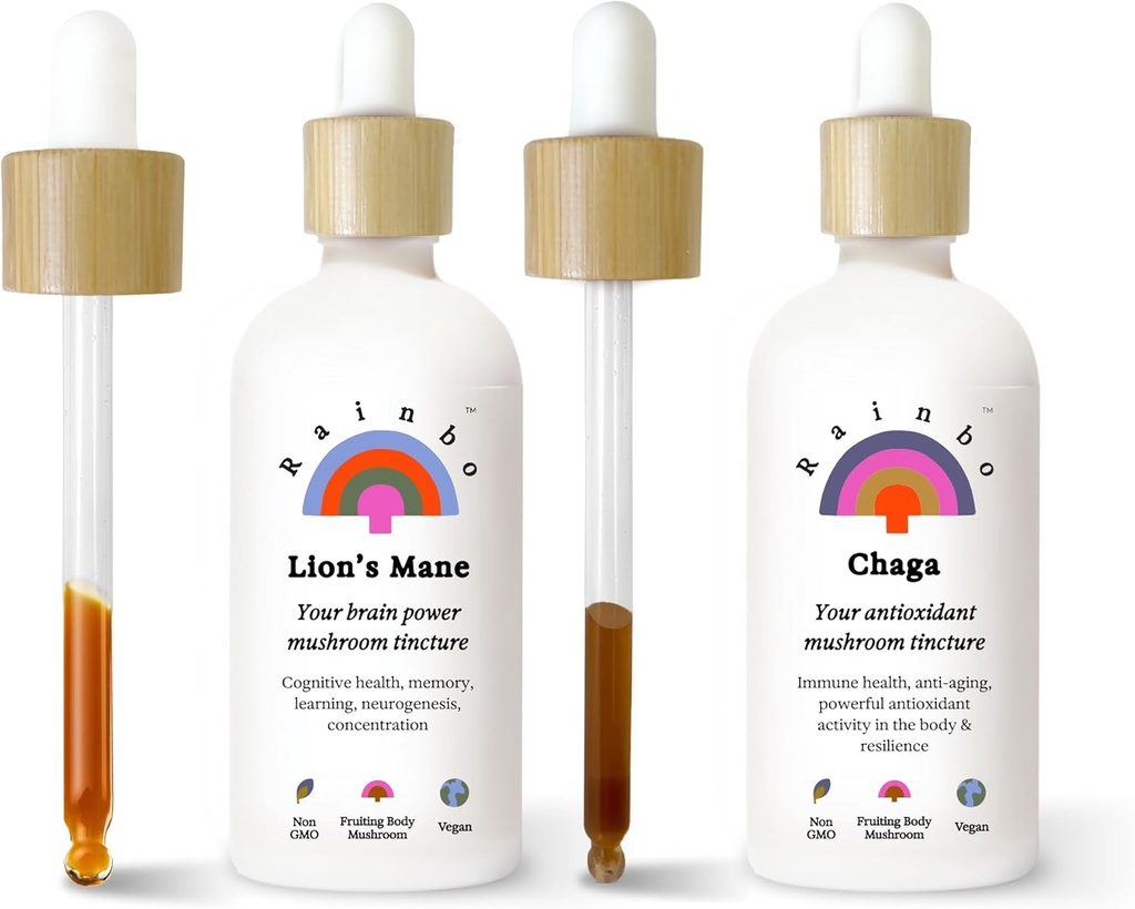 Rainbo Mushroom Bundle, Lion's Mane Mushroom Extract + Chaga Mushroom Tecture, Dual Extract Daily Mushroom Tectures pour un support immunitaire complet, Vegan Liquid Mushroom Suppléments