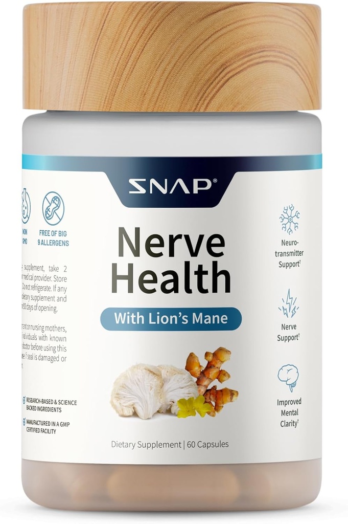 Suppléments Snap Nerve Health Support avec Lion, Turmeric biologique & Herbes – soutient la clarté mentale, la mémoire, la focalisation et la fonction nerveuse – 60 capsules