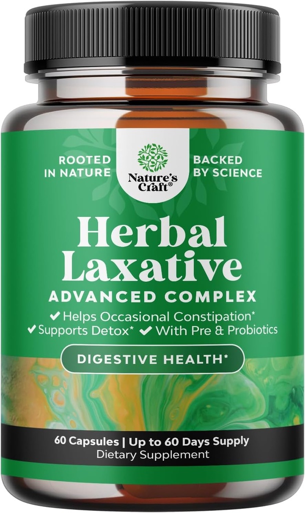 Capsules laxatives à base de plantes avec probiotiques – Laxatifs naturels pour la constipation avec Senna Leaf, Psyllium, Aloe Vera – Colon Cleanse pour les femmes et les hommes – Détox pour la santé de Gut et la gestion du poids – 60 Ct