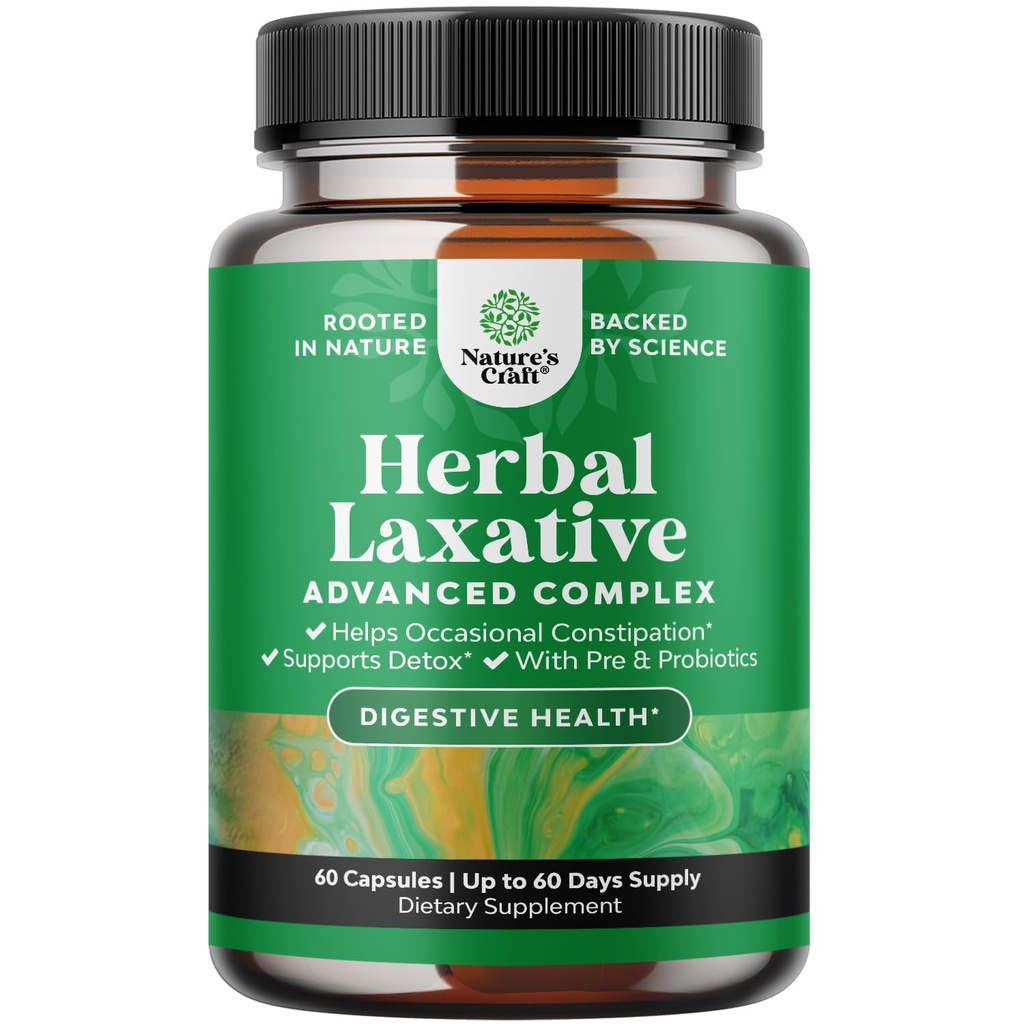Capsules laxatives à base de plantes avec probiotiques – Laxatifs naturels pour la constipation avec Senna Leaf, Psyllium, Aloe Vera – Colon Cleanse pour les femmes et les hommes – Détox pour la santé de Gut et la gestion du poids – 60 Ct