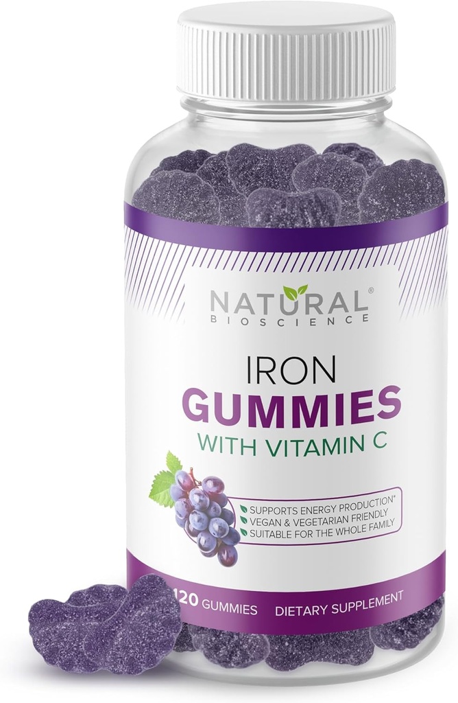 Iron Gummies with Vitamin C - Iron Deficiency Anemia Supplement for Adults & Kids, Chewable, Red Blood Cell Support, Energy, Immune Function, Brain Health, Max Absorption, 120 Vegan Gummies