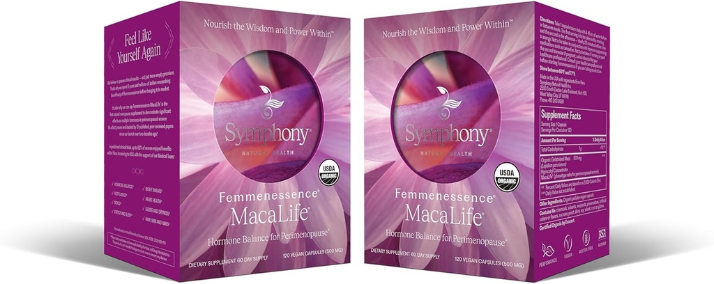 Femmenessence® MacaLife® – Supplément périménopausique prouvé cliniquement pour équilibre hormonal naturel, soulagement symptomatique, soutien du cœur et de l'humeur, sans hormones ajoutées (240 capsules, 120 jours d'approvisionnement)