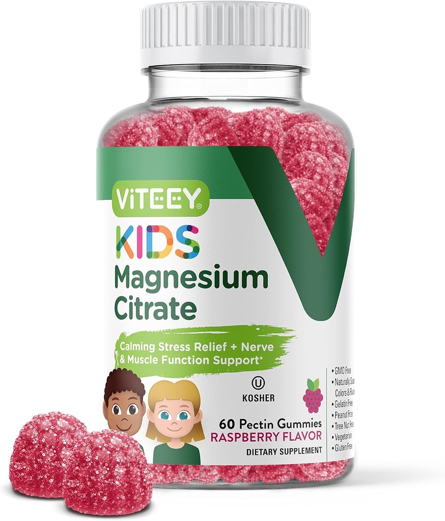 Viteey Kids Citrate Magnésium Gommies - Supports Aide au sommeil, Gummies calmes, Relaxeur musculaire, Relaxation optimale - Végétarien, Sans gélatine, Sans gluten, Sans OGM - Gommy aux framboises croustillantes