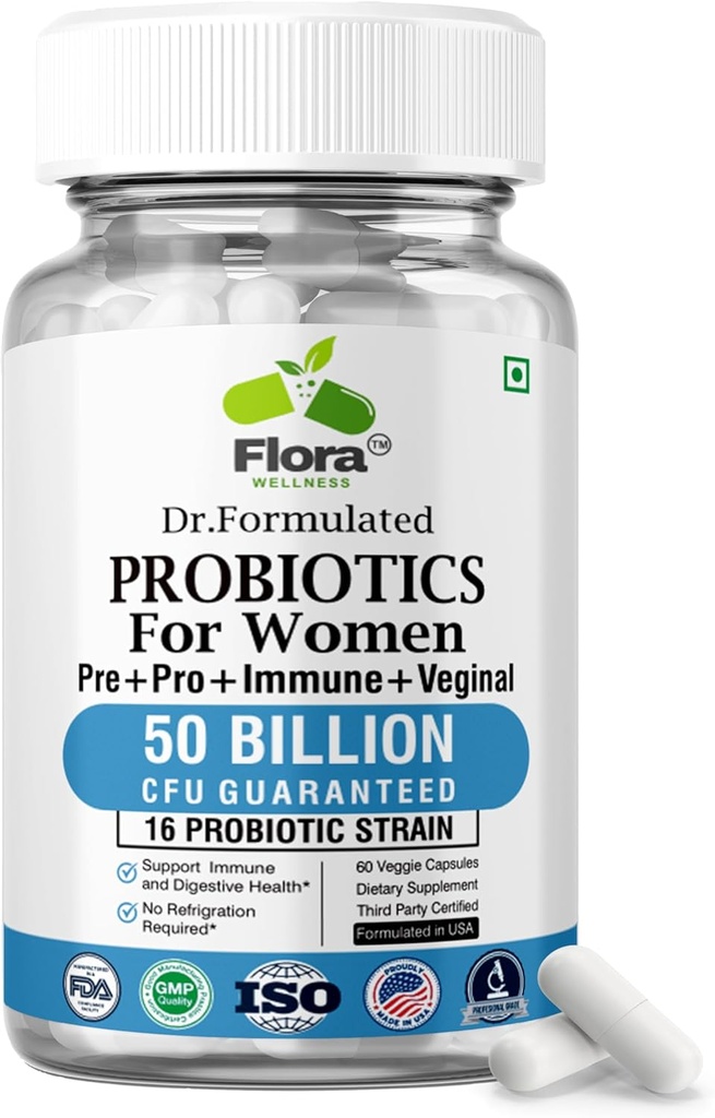 Probiotiques pour les femmes - 50 milliards UFC, 16 souches, prébiotiques biologiques et probiotiques pour les femmes (Eurofins Lab testé) - Digestive, vaginale, immunitaire et urinaire santé - 2 mois d'approvisionnement - 60 capsules
