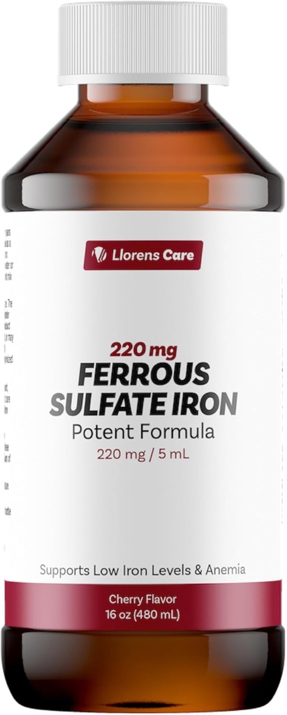 Supplément en fer liquide de sulfate ferreux pour adultes par Llorens Care - 220 mg dans 5 ml supplément complexe de fer pour l'anémie et le déficit en fer. Renforcer les niveaux d'énergie