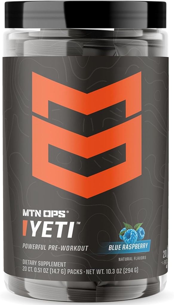 MTN OPS Yeti Trail Packs Pre-Workout Powder Energy Drink with Creatine, 200mg Caffeine & BCAAs with Beta Alanine, 20-Single Servings, Blue Raspberry