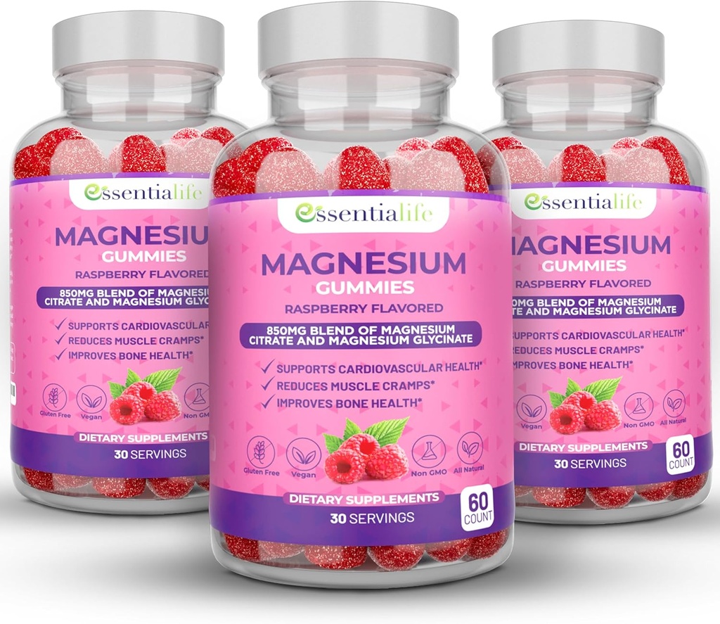 Magnésium Gommies 3 Packs Essentialife 100mg par portion - Mélange de Citrate de magnésium et de Glycinat de magnésium - Supports Digestion - Restez calme et réveillez-vous énergétiquement avec des suppléments de magnésium pour le sommeil