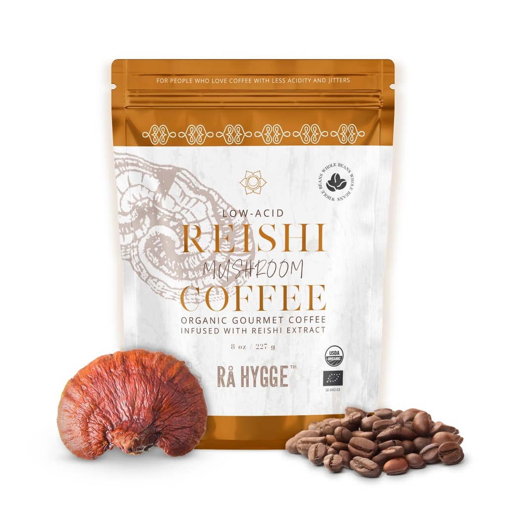 Rå Hygge Spécialité Bio Champignon Coffee avec Reishi - Pour l'énergie calme, la relaxation et l'équilibre - Alternative de café sain, Rôti moyen faible-acide, 8 oz (16 tasses), rôti en Suède