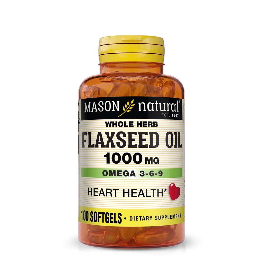MASON NATURAL Flaxseed Oil 1000mg – Omega 3-6-9 Softgels for Heart Health – Cold-Pressed Whole Herb Supplement – Gluten-Free, Non-GMO, 100 Softgels